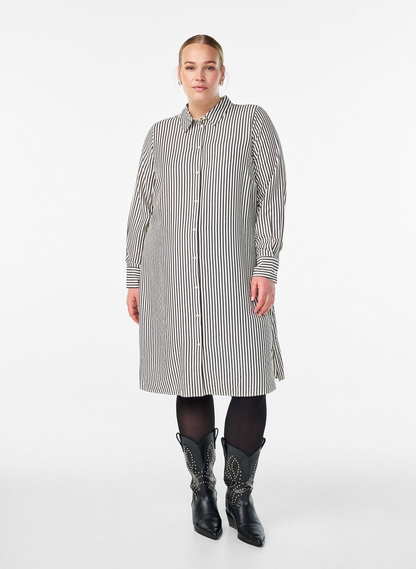Lang stripet skjorte med knappedetalj bak, Svart, Model image number 1