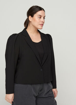 Cropped blazer med puffermer, Black, Model image number 0