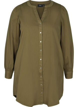 Lang bomullsskjorte med puffermer, Ivy Green, Packshot image number 0
