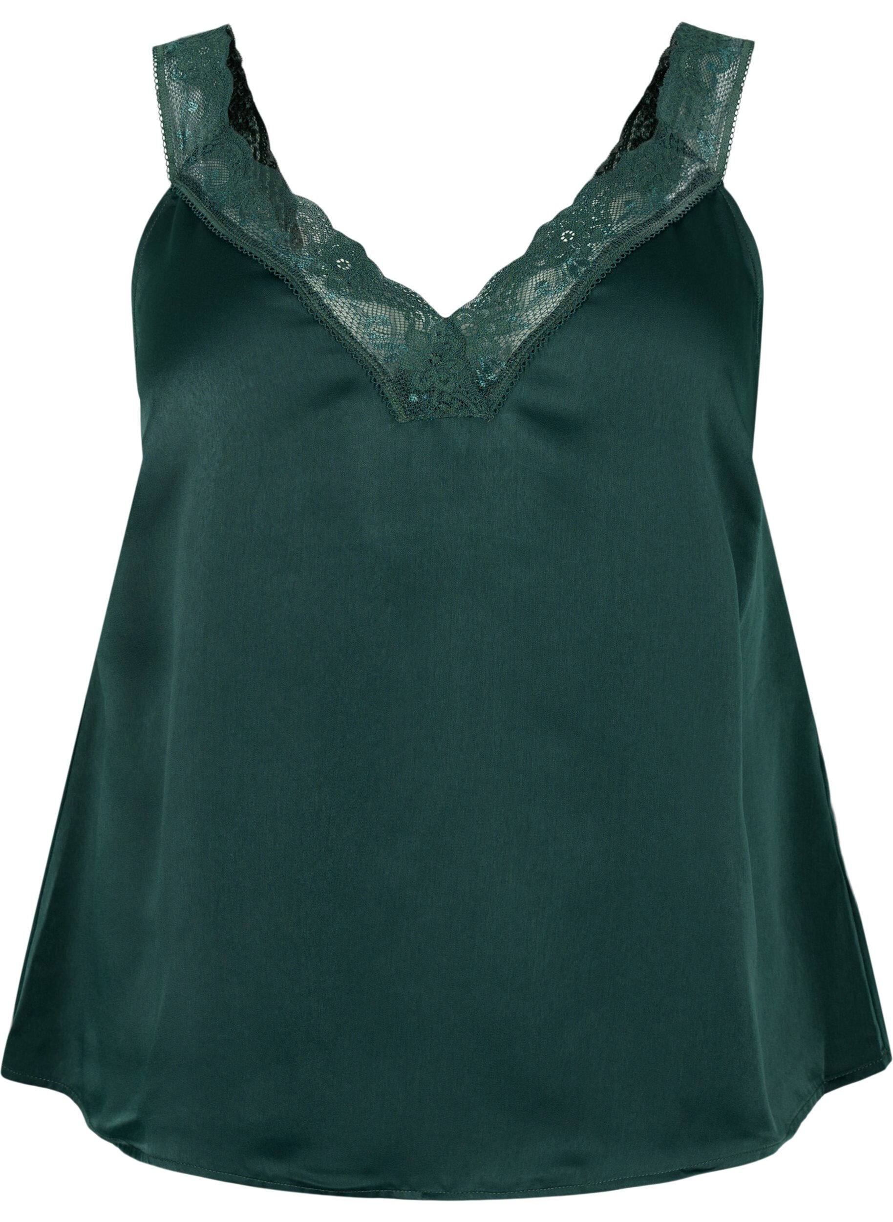 Zizzi FLASH &ndash; Topp med V-hals og blondekant, Gr&oslash;nn, Packshot image number 0