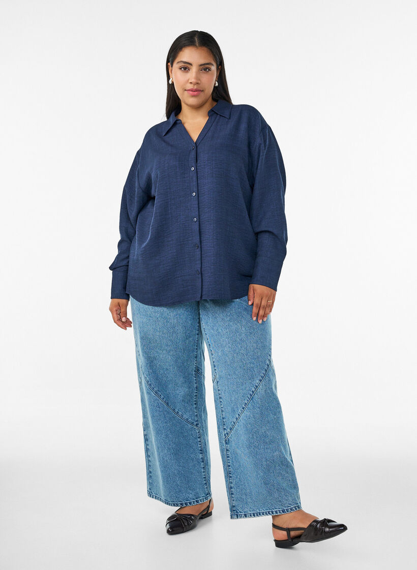 Loose fit skjorte med V-hals, Bl&aring;, Model image number 1