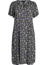 Midikjole i viskose med blomstertrykk, Svart