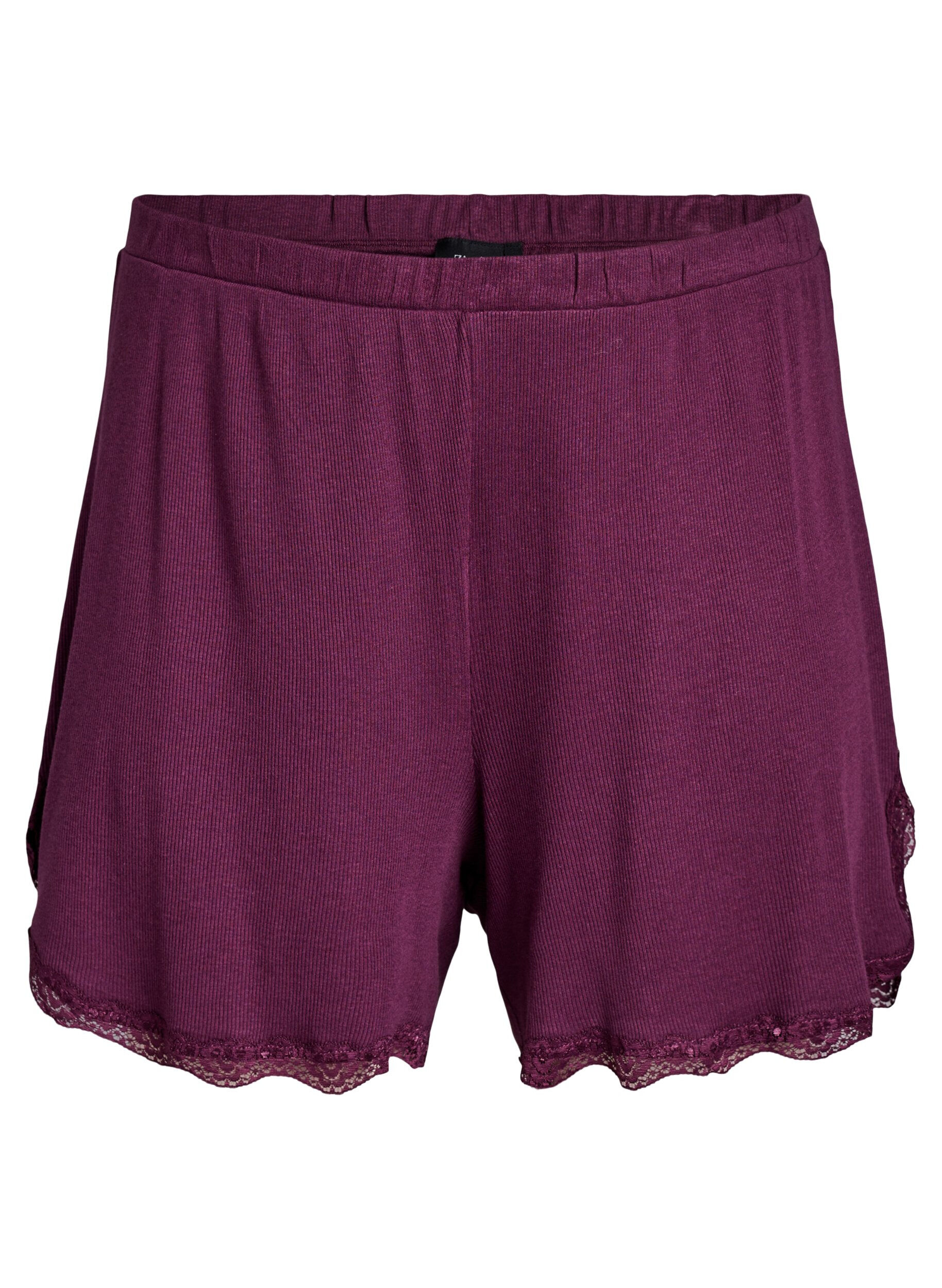 ZizziL&oslash;se nattshorts med ribbestruktur og blonderkant, M&oslash;rk Bordeaux, Packshot image number 0