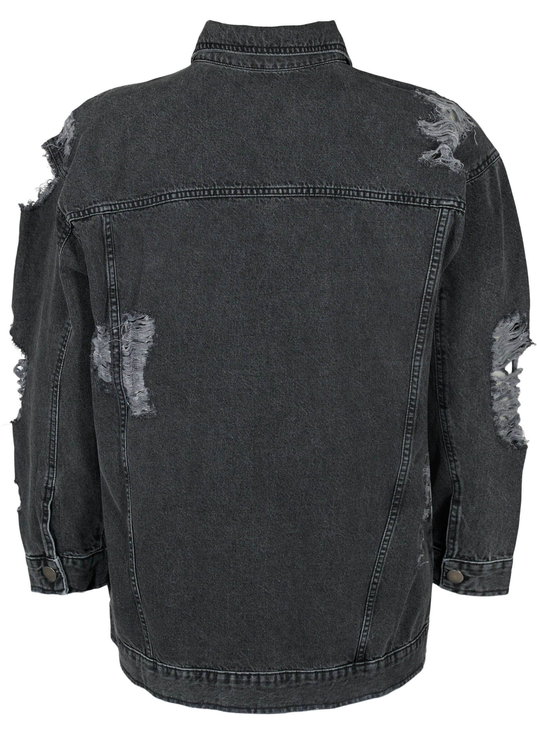 Zizzi L&oslash;s denimjakke med slitte detaljer, Dark Grey Denim, Packshot image number 1