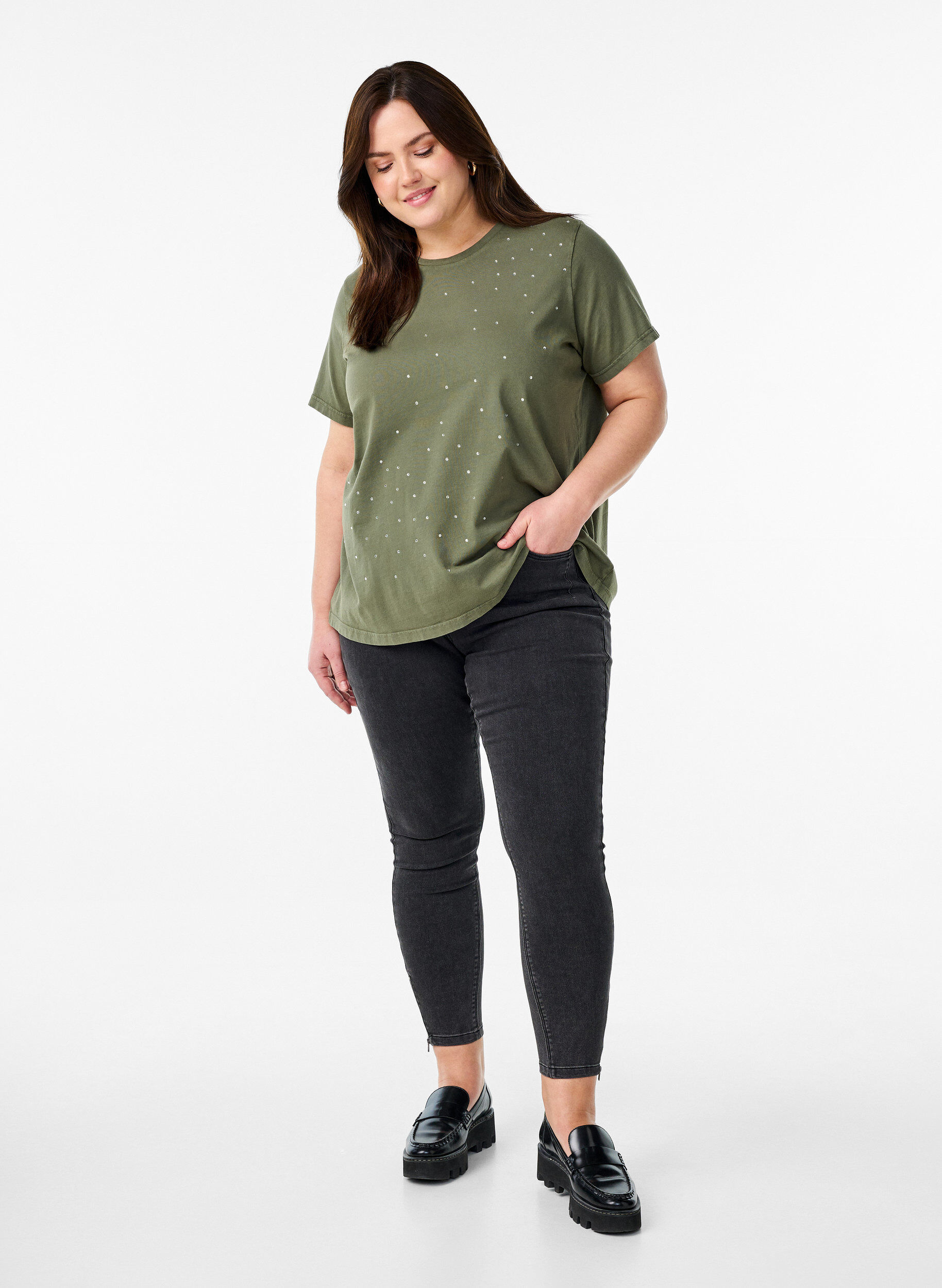 Zizzi T-skjorte i &oslash;kologisk bomull med et kult trykk, Gr&oslash;nn, Model image number 1