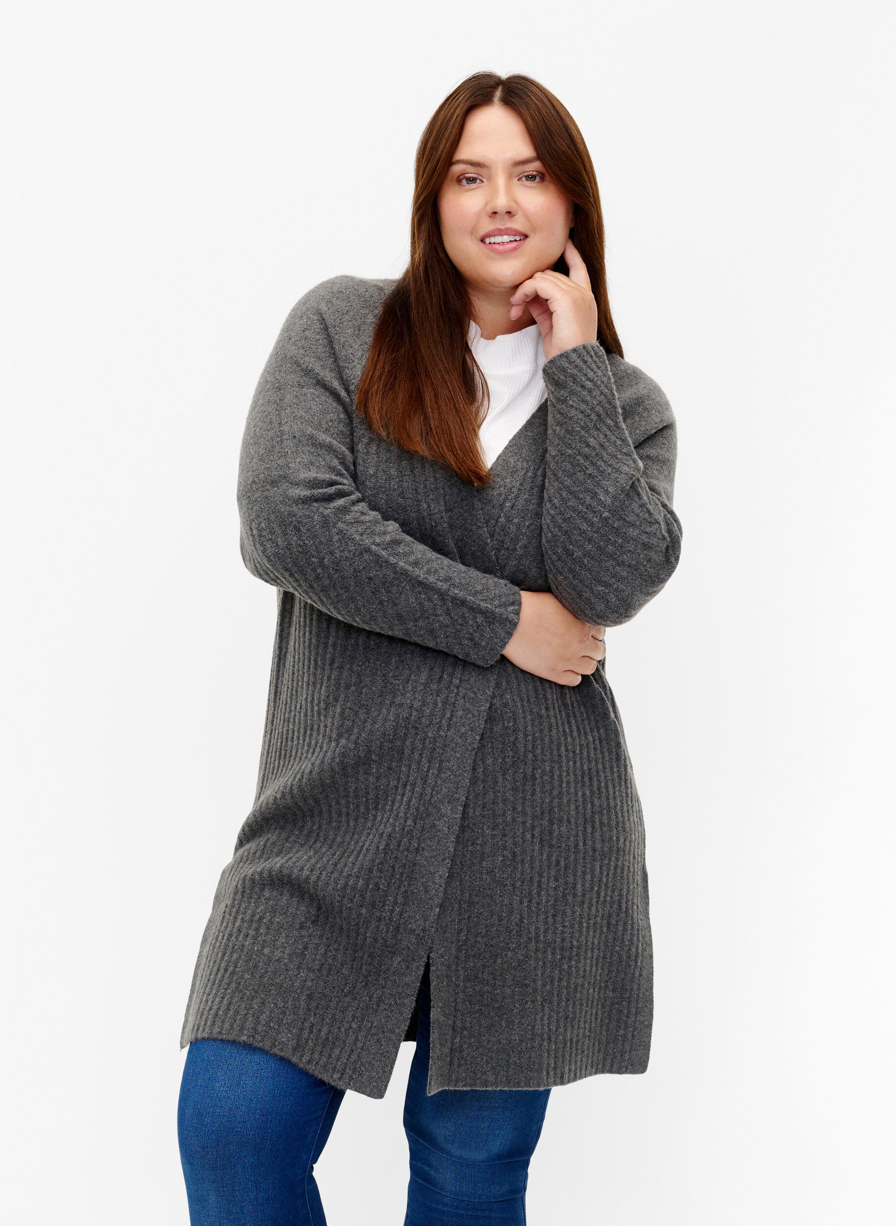 Zizzi Lang cardigan i ribbestrikk, Dark Grey Melange, Model image number 0