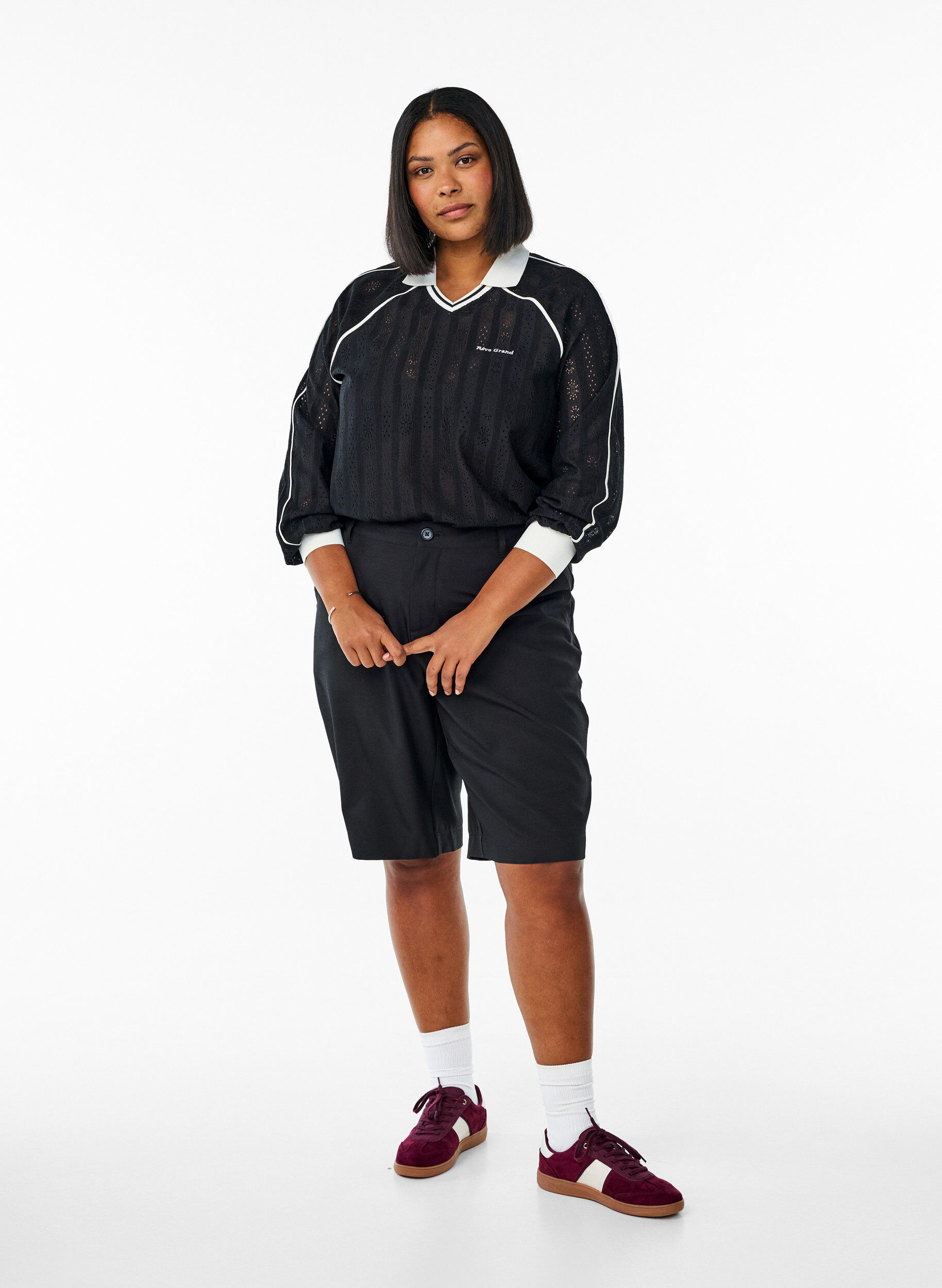 Zizzi Strukturert jersey-bluse med kontrastdetaljer, Svart, Model image number 1