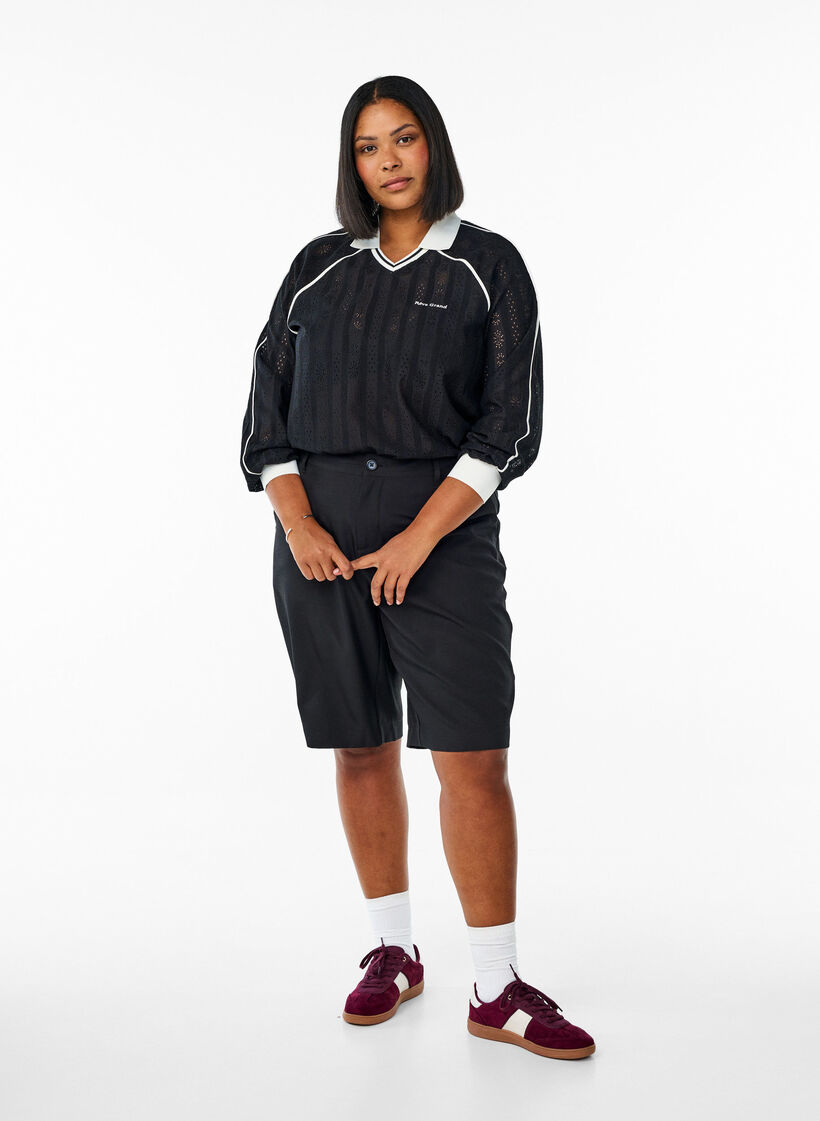 Strukturert jersey-bluse med kontrastdetaljer, Svart, Model image number 1