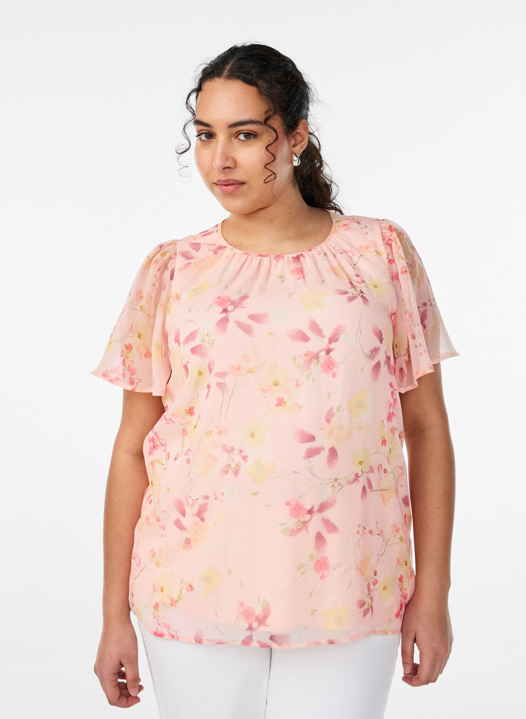 Bluse med blomstertrykk og luftige ermer, Orange, Model