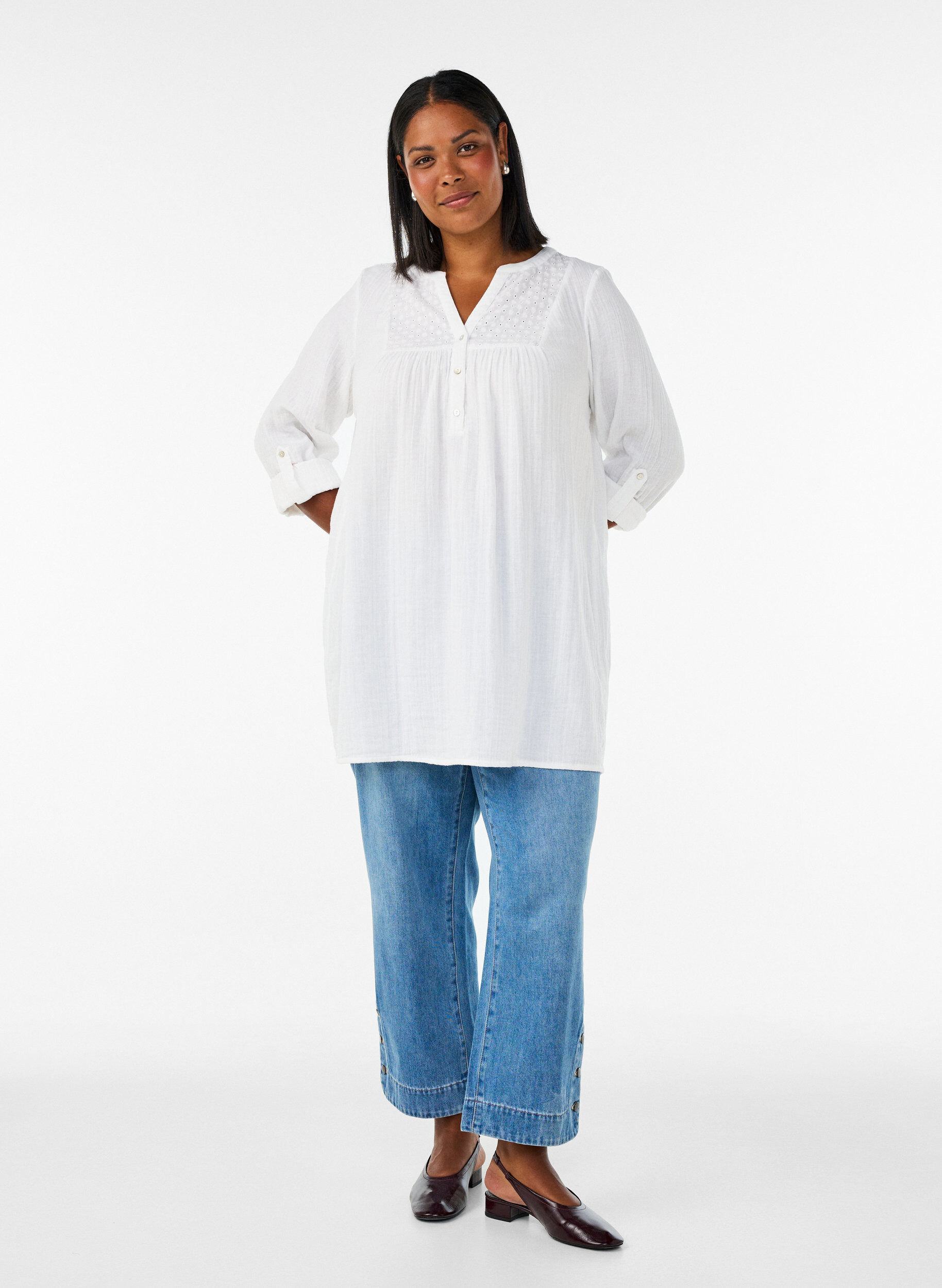 ZizziBomullsmuslin tunika med broderie anglaise, Hvit, Model image number 1