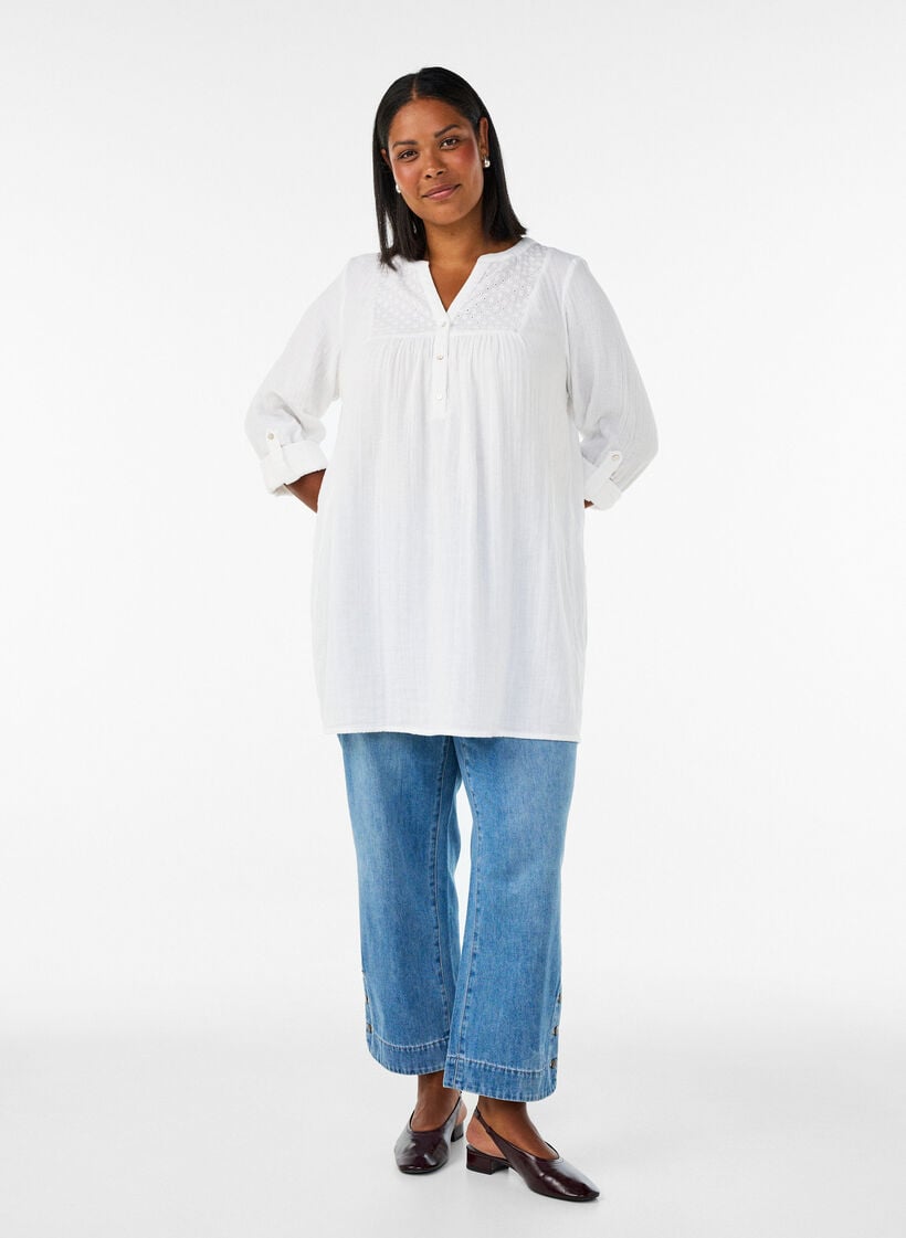 Bomullsmuslin tunika med broderie anglaise, Hvit, Model image number 1