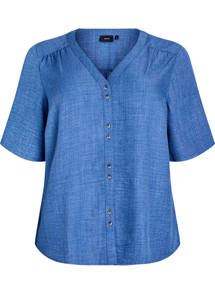 Skjortebluse med V-hals eog korte ermer, Bl&aring;, Packshot image number 0