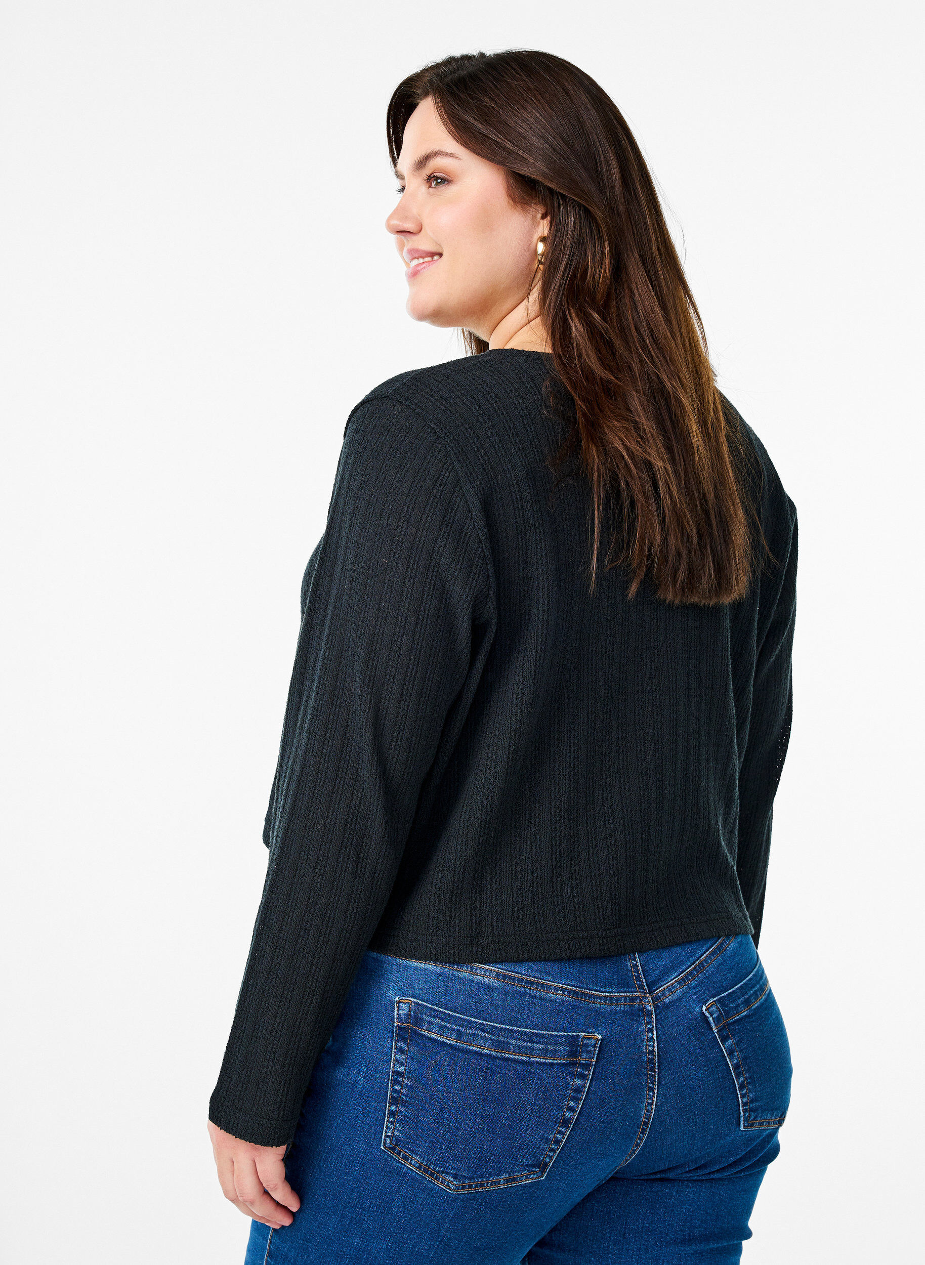 Zizzi Jersey cardigan med tekstur og knyting foran, Svart, Model image number 2