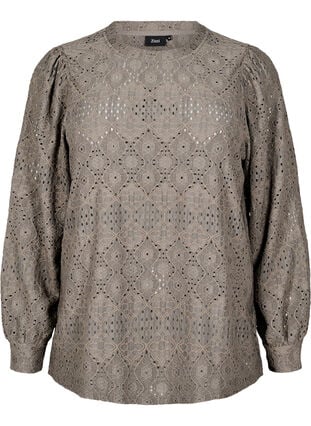 Zizzi Langermet bluse med et åpentsarbeidsmønster, Brun, Packshot image number 0