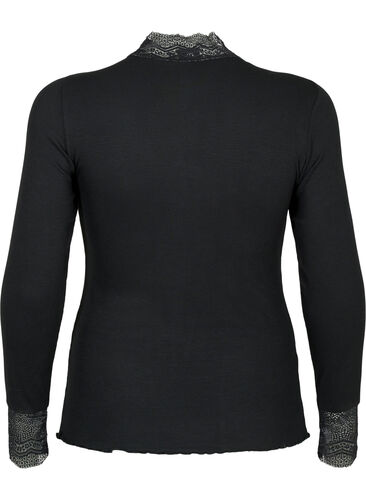 Ribbestrikket viskosebluse med blonder, Black, Packshot image number 1