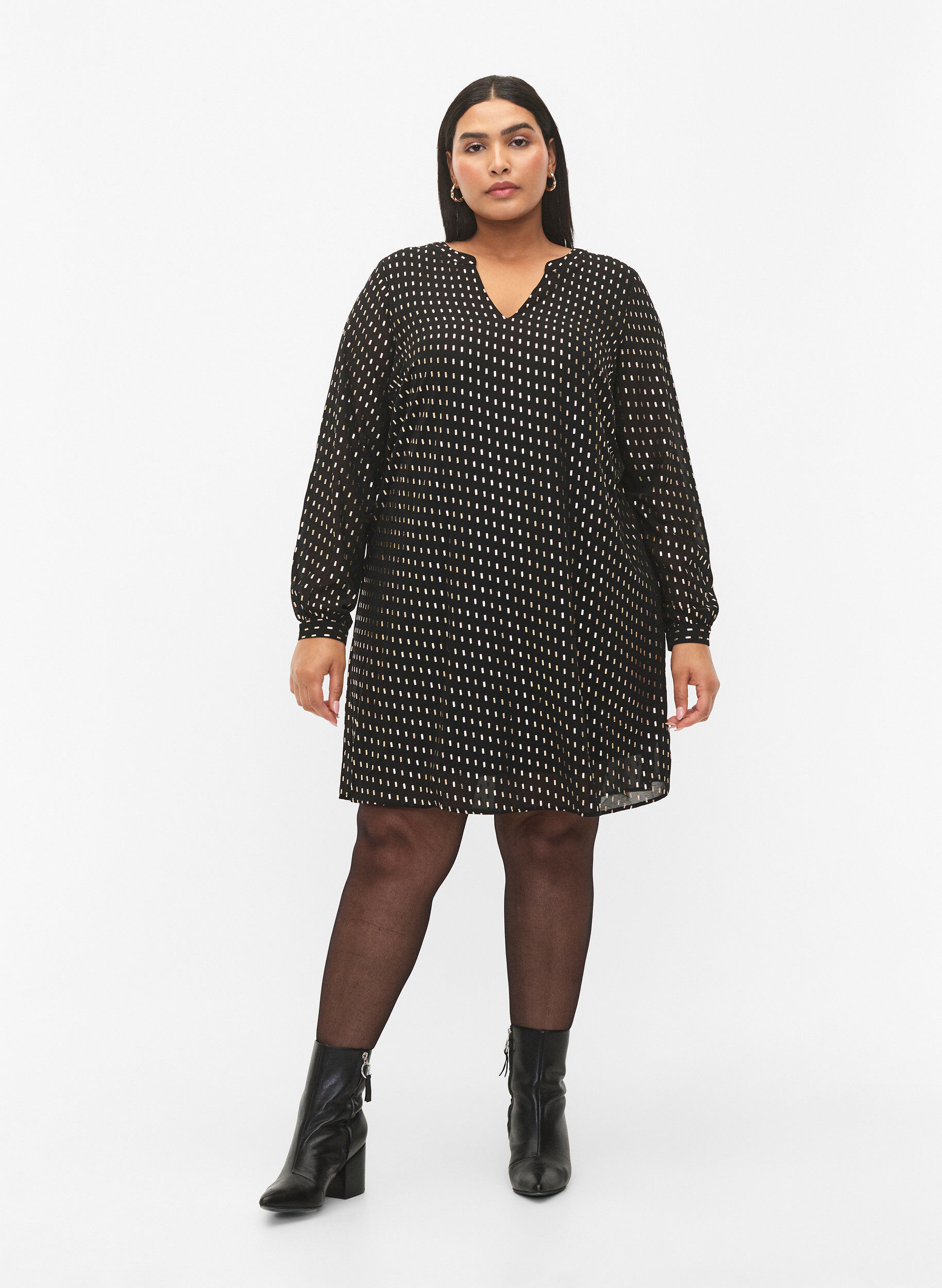 Zizzi Langermet kjole med folietrykk, Black w. Gold, Model image number 2