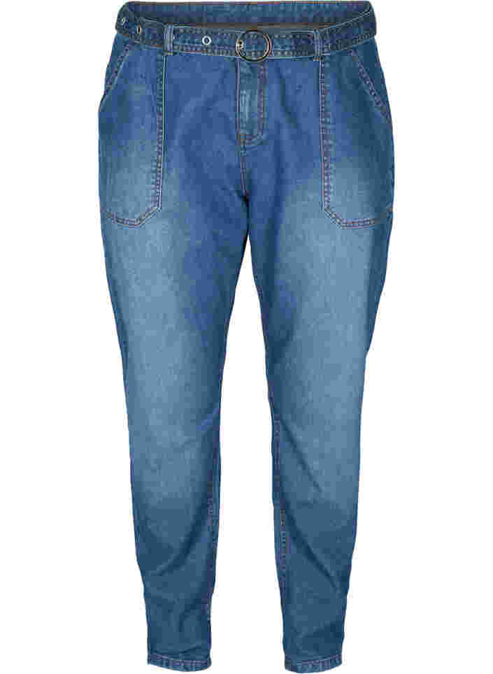 Jeans med høyt liv og belte, Blue denim, Packshot image number 0