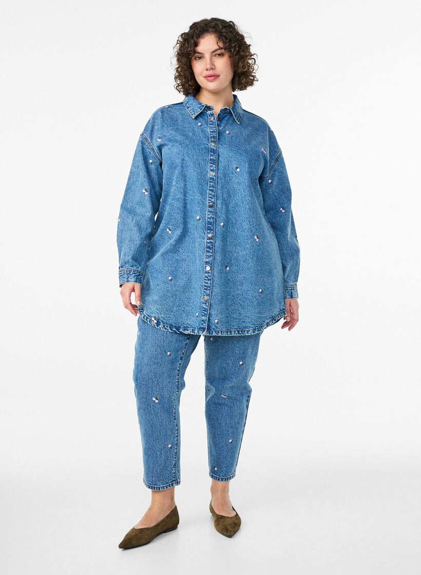 Denimskjorte med broderte motiver, Blå, Model image number 1