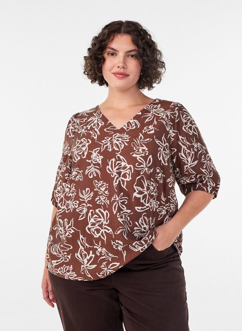 Viskosebluse med V-hals, Brun, Model image number 0