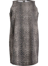 Kort ermeløs denimkjole med leopardmønster, Brun Kort ermeløs denimkjole med leopardmønster