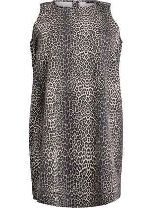Zizzi Kort ermeløs denimkjole med leopardmønster, Leopard, Packshot image number 0