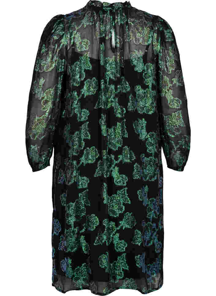 Blomstrete kjole i viskose med lurex struktur, Black w. Green Lurex, Packshot image number 1