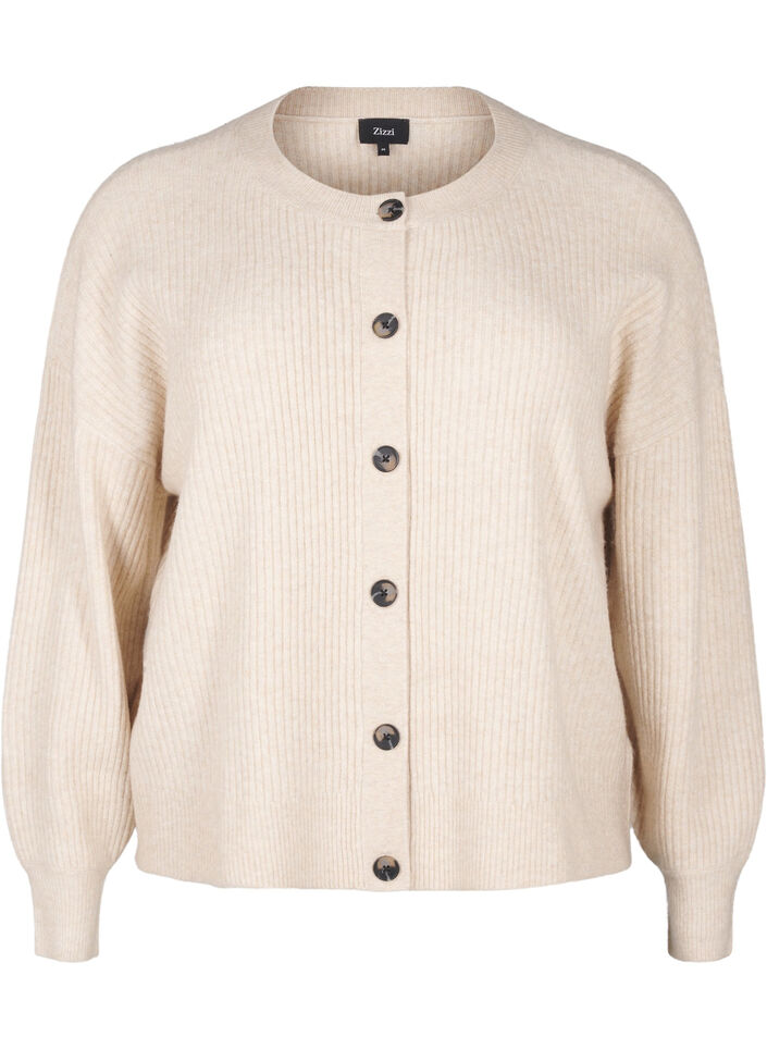 Ribbestrikket cardigan med knapper, Beige, Packshot image number 0