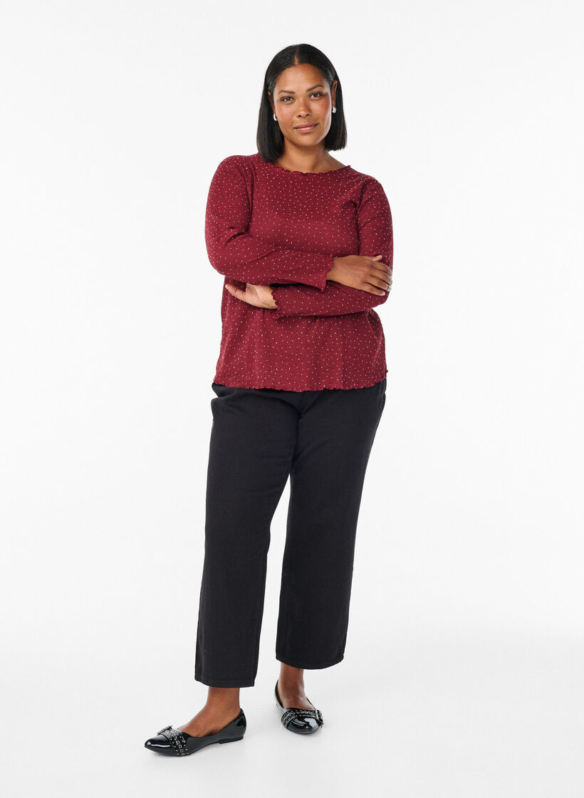 Langermet bluse med rhinsteiner, Mørk Bordeaux, Model image number 1