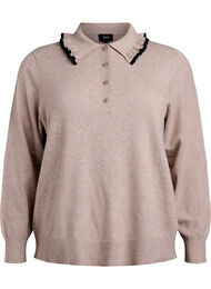 Strikkebluse med krage og kontrastvolang, S. Taupe Mel w Black
