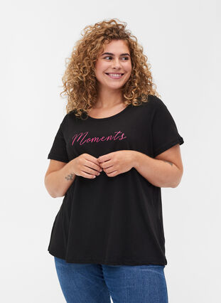 T-skjorte i bomull med A-form og trykk, Black, Model image number 0
