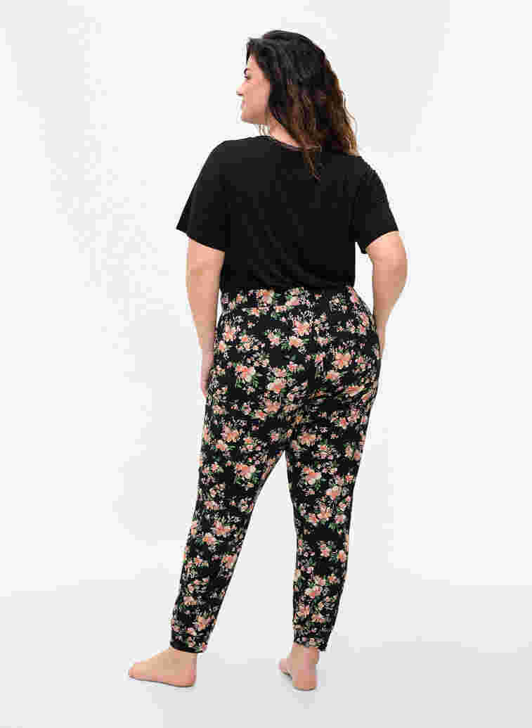 Pysjamasbukser med blomstermønster i bomull, Black Flower, Model image number 1