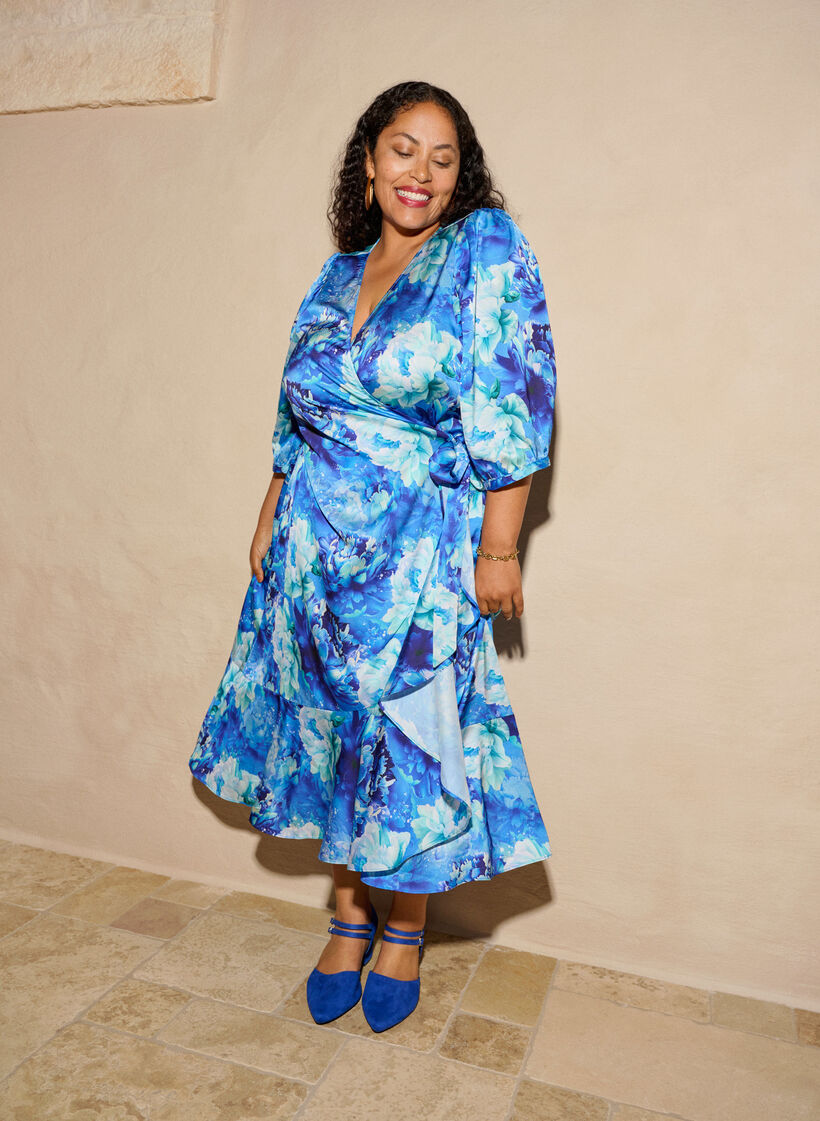 Blomstret omslagskjole med 3/4 ermer, Bl&aring;, Image image number 0