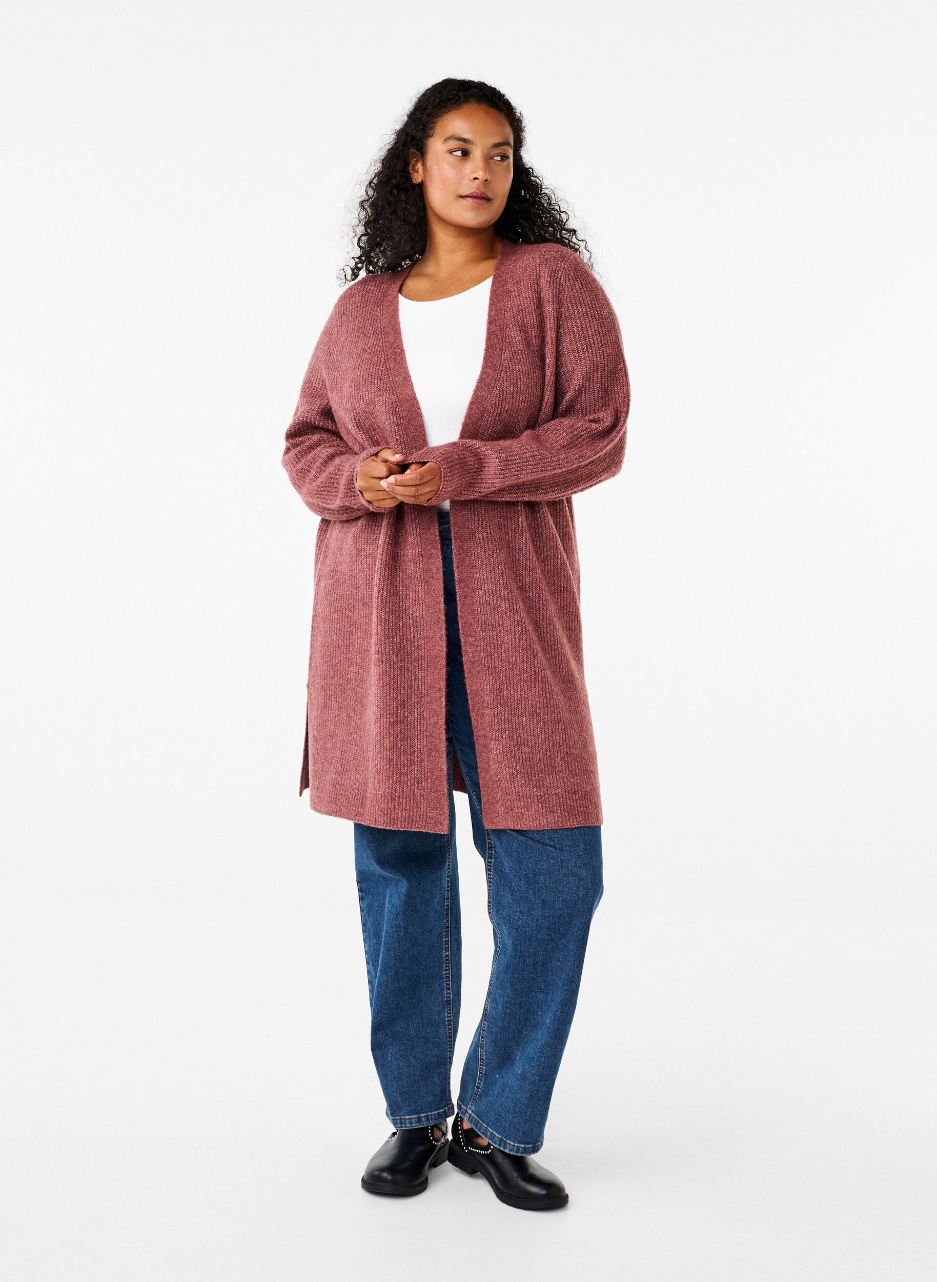 Zizzi FLASH - Ribbestrikket cardigan med splitter, Rose Brown Melange, Model image number 2