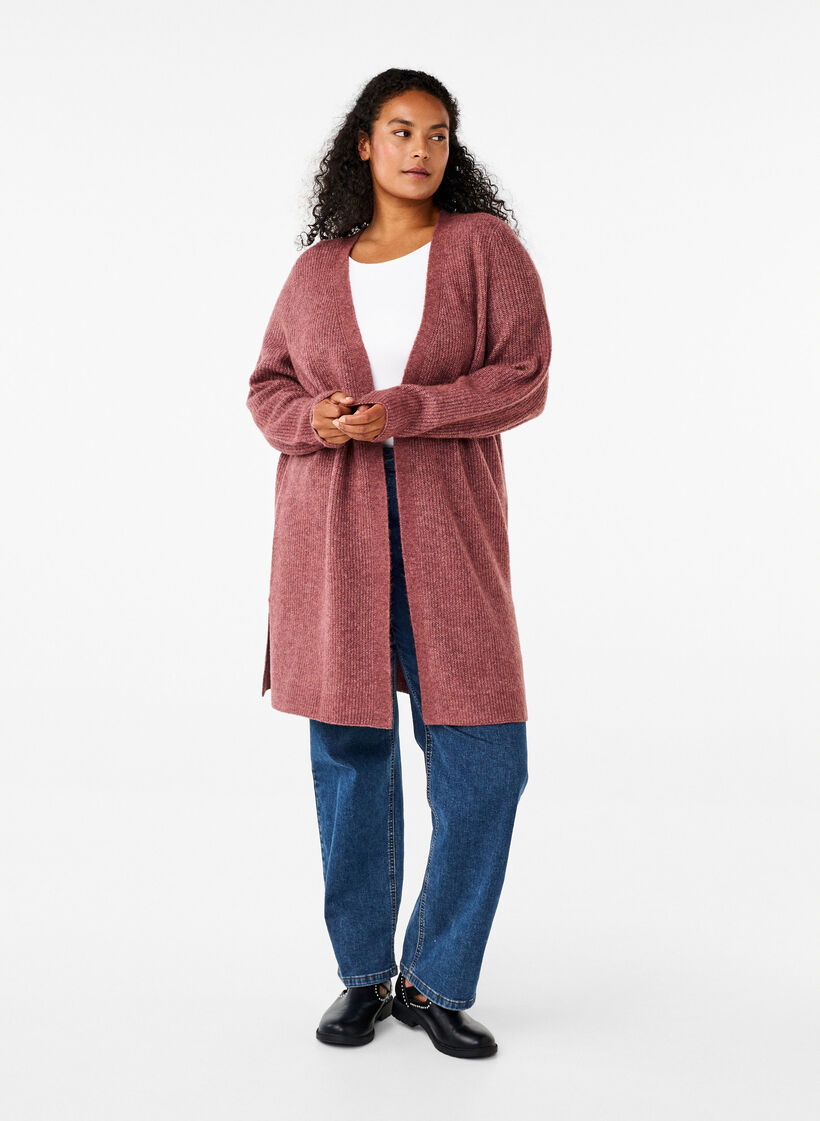FLASH - Ribbestrikket cardigan med splitter, Rose Brown Melange, Model image number 2