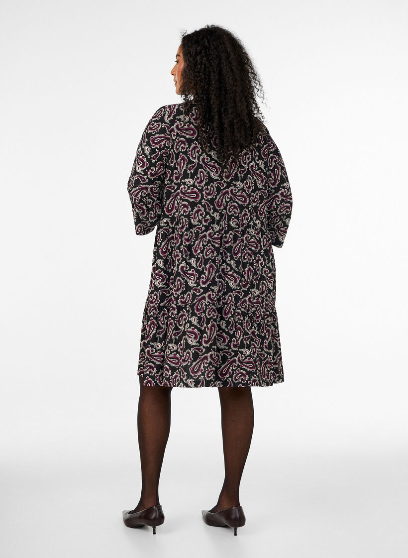 Kort A-linjet jerseykjole med heldekkende print, M&oslash;rk Bordeaux, Model image number 2