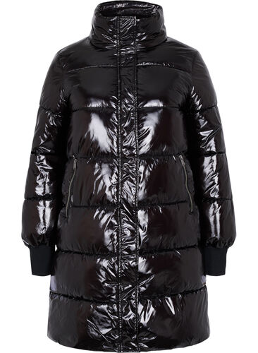 Skinnende vinterjakke med glidelås og knappelukkking, Black, Packshot image number 0