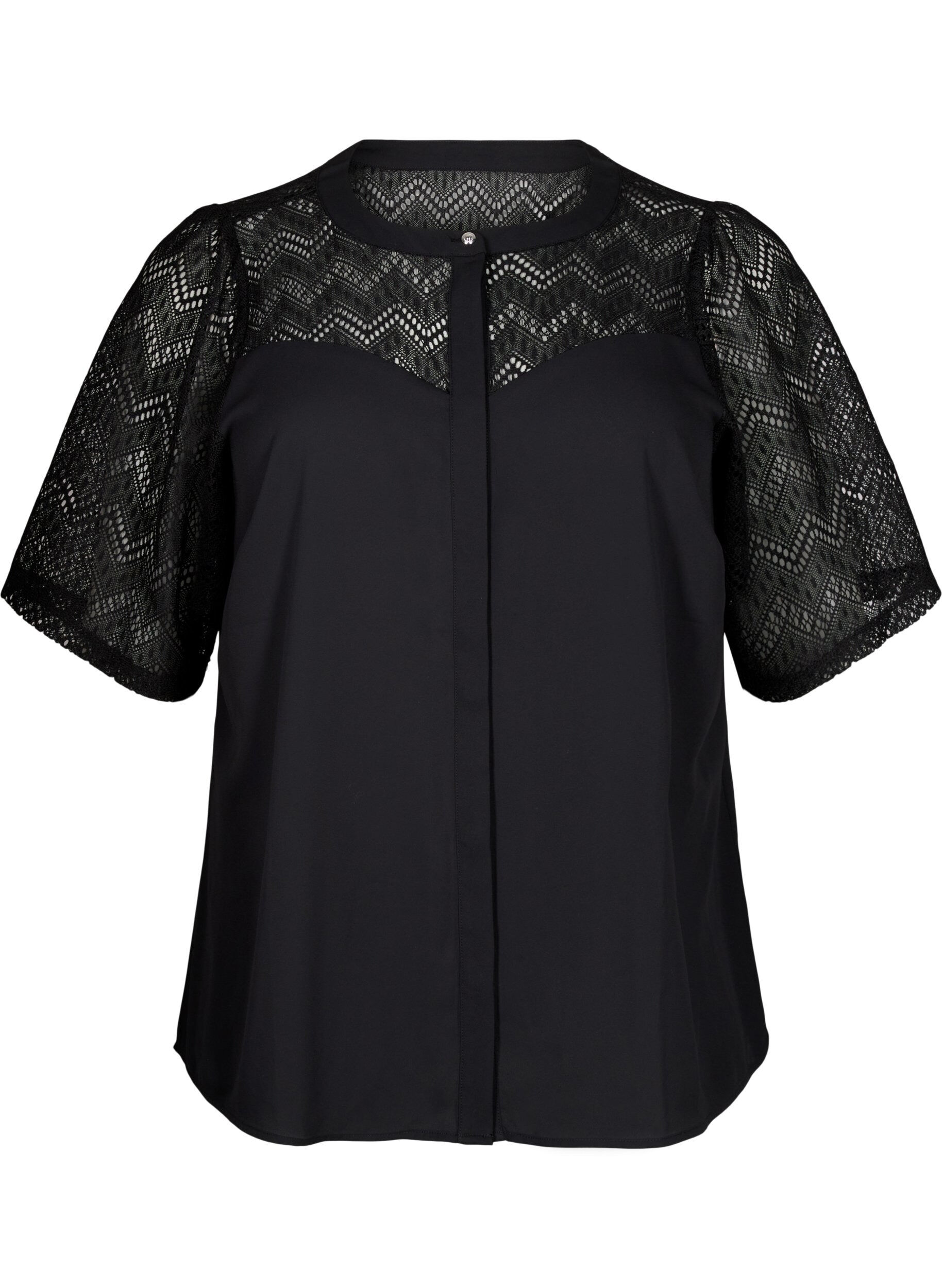 Zizzi Skjortebluse med korte blondermer, Black, Packshot image number 0