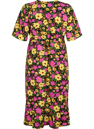 Mønstret omslagskjole med korte ermer, Yellow Pink Flower, Packshot image number 1