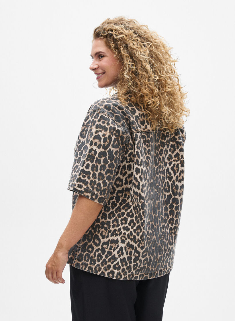 Leopardmønstret denimbluse med krage og halvlange ermer, Brun, Model image number 2