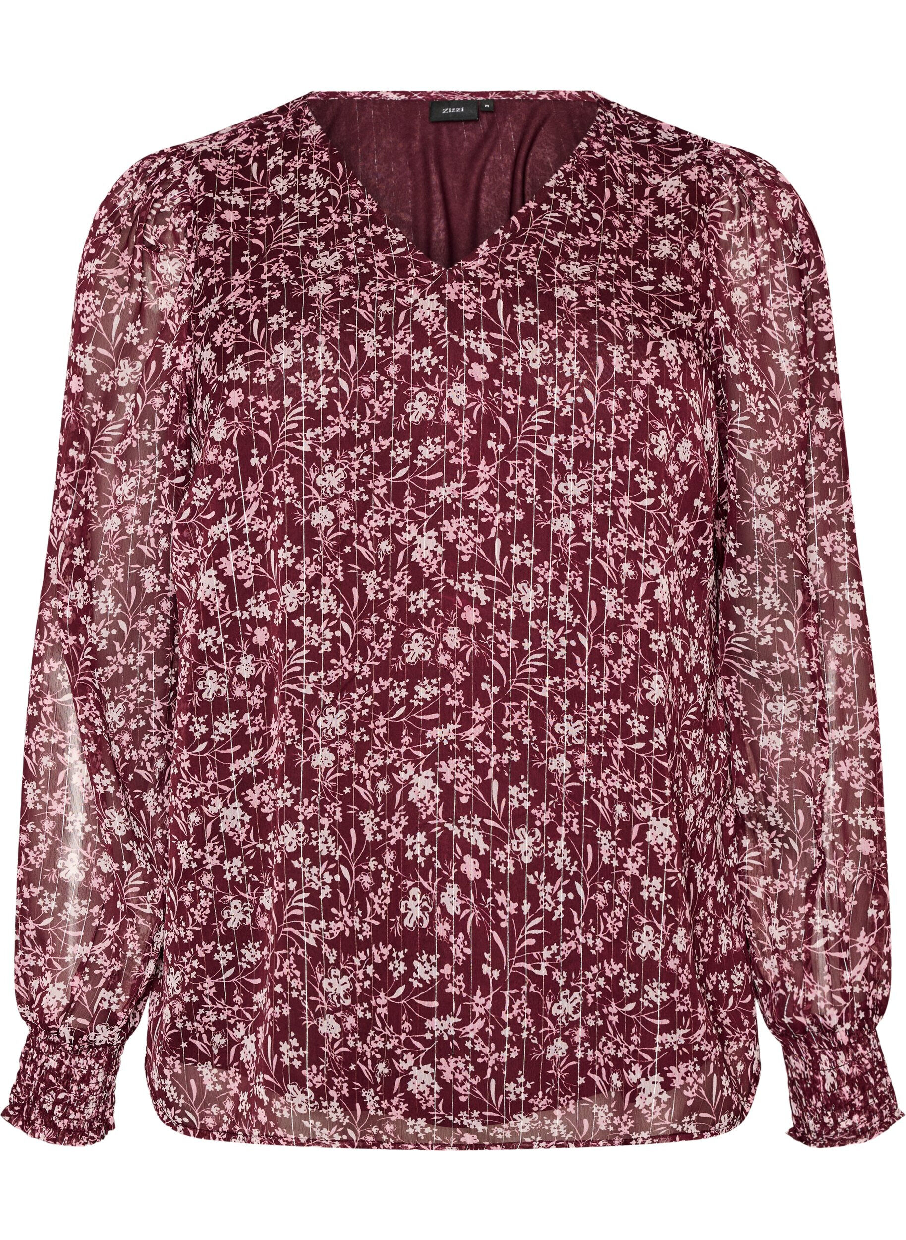ZizziBluse med blomstertrykk og glittertr&aring;d, R&oslash;d, Packshot image number 0