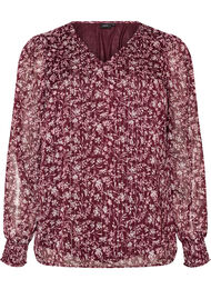 Bluse med blomstertrykk og glittertr&aring;d, R&oslash;d