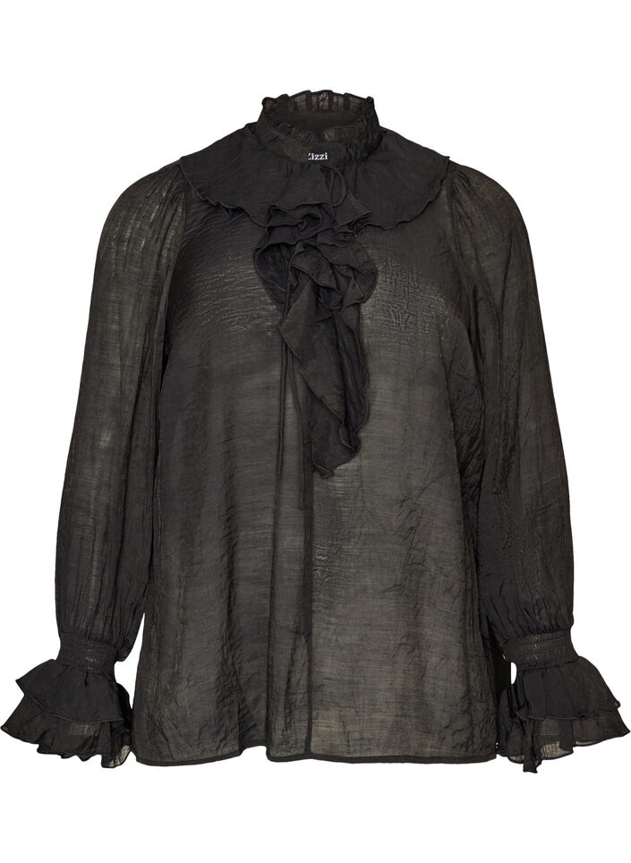 Viskosebluse med volanger og lange ermer, Svart, Packshot image number 0