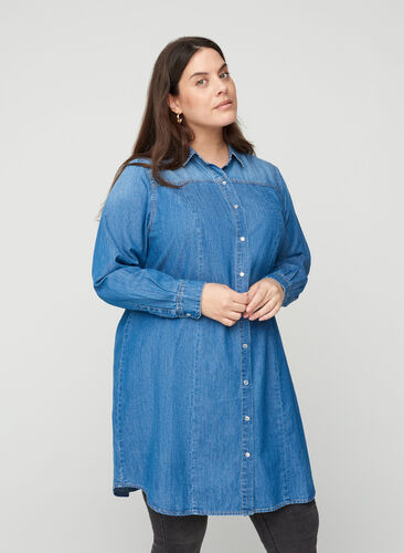Lang denimskjorte i bomull, Blue denim, Model image number 0