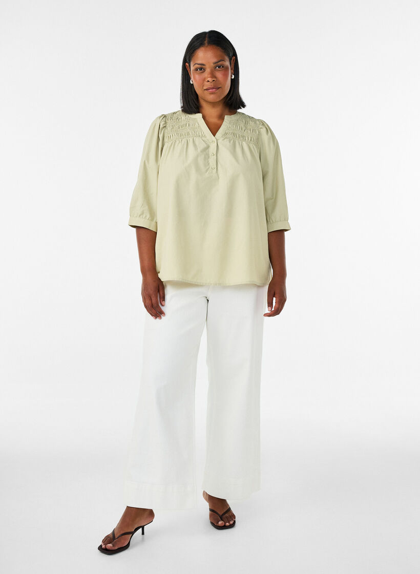 Bluse med smock og 3/4 ermer, Gr&oslash;nn, Model image number 1