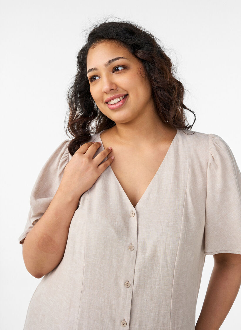 Midikjole i lin og viskose med volangermer, Beige, Model image number 2