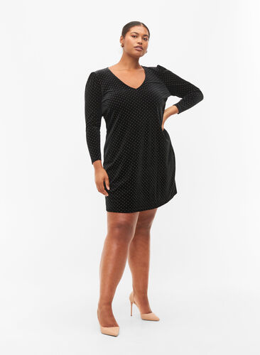 Langermet velourkjole med steiner, Black w. Gold, Model image number 2
