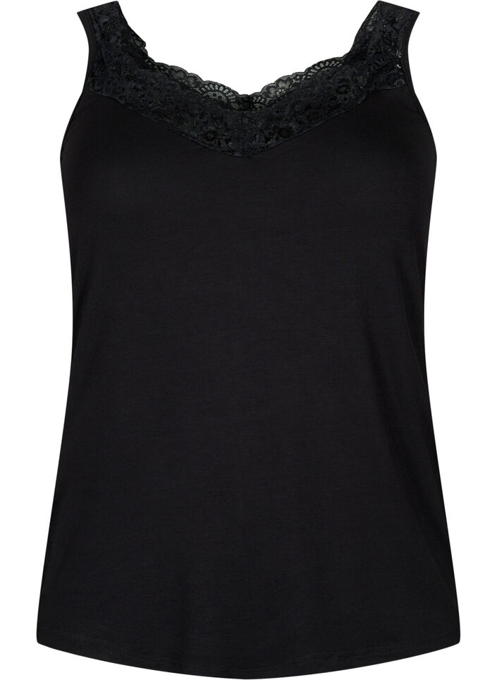 Viscose-topp med blondedetaljer, Svart, Packshot image number 0