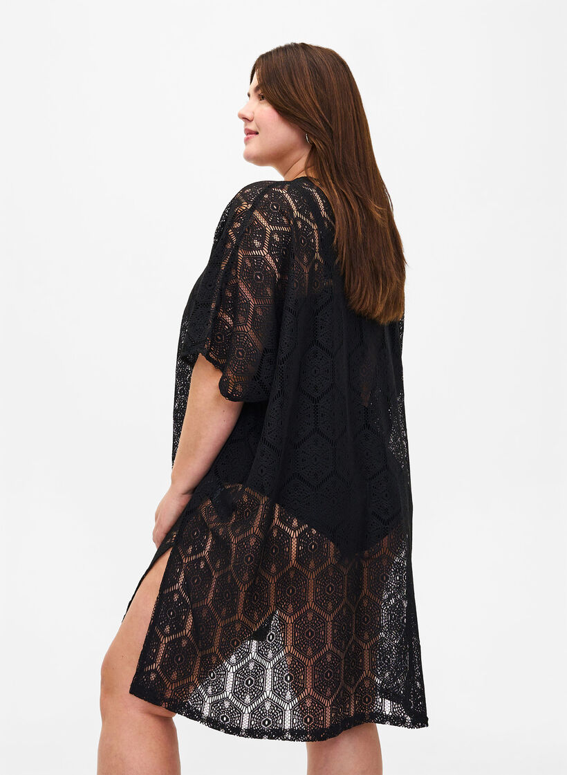 Kaftanstrandkjole med hullmønster, Black, Model image number 1