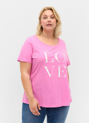 Kortermet T-skjorte i bomull med trykk, Cyclamen LOVE, Model image number 0