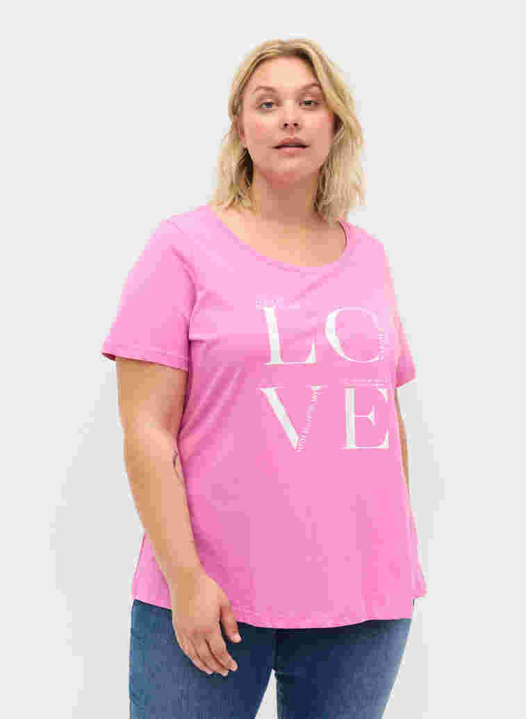 Kortermet T-skjorte i bomull med trykk, Cyclamen LOVE, Model